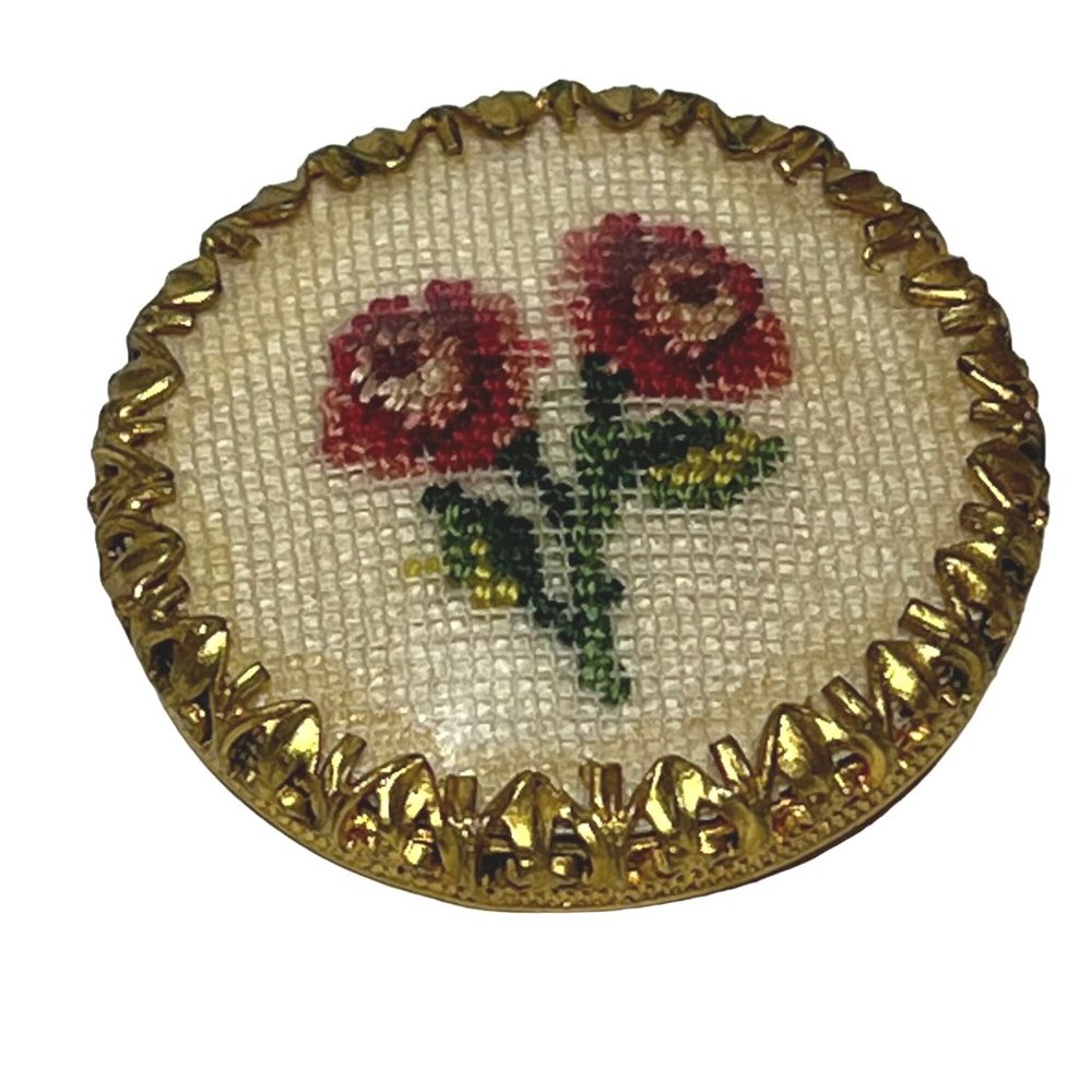 Vintage Petit Point Floral Brooch Round Gold-Tone Pink & White